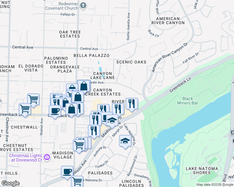 map of restaurants, bars, coffee shops, grocery stores, and more near 1118 River Rock Drive in Folsom