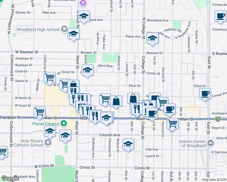 map of restaurants, bars, coffee shops, grocery stores, and more near 167 Cleveland Street in Woodland