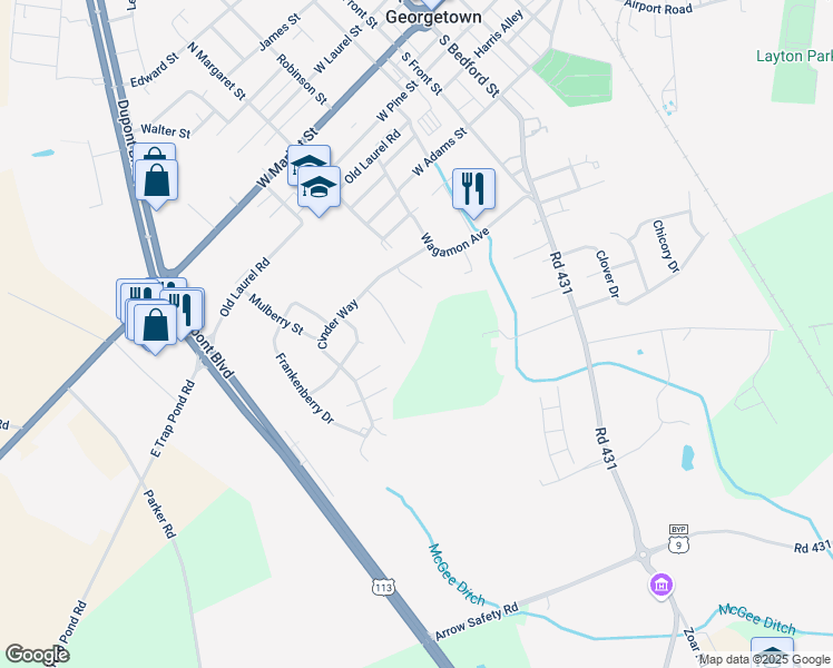 map of restaurants, bars, coffee shops, grocery stores, and more near 11 Boisenberry Lane in Georgetown