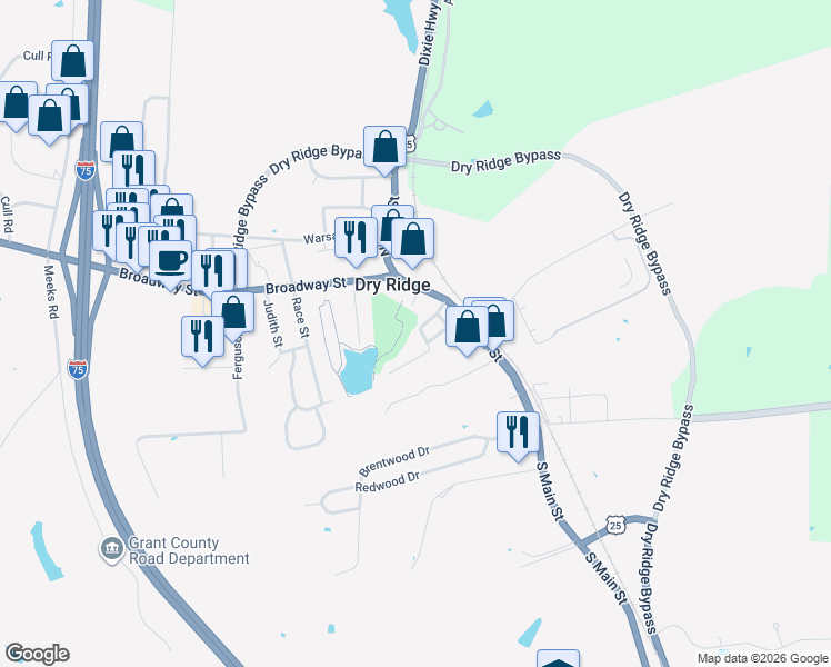 map of restaurants, bars, coffee shops, grocery stores, and more near 12 Cross Street in Dry Ridge