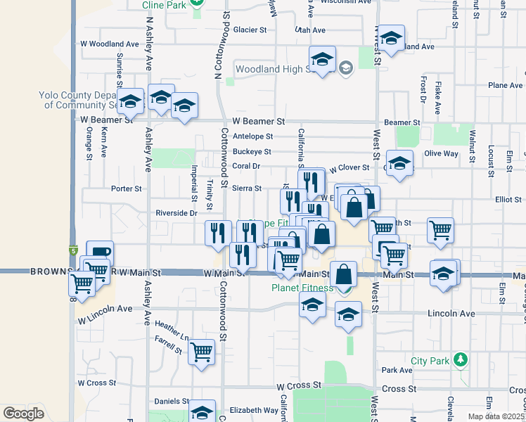 map of restaurants, bars, coffee shops, grocery stores, and more near 224 Schuerle Street in Woodland