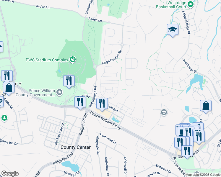 map of restaurants, bars, coffee shops, grocery stores, and more near 4417 Simpson Mill Way in Woodbridge