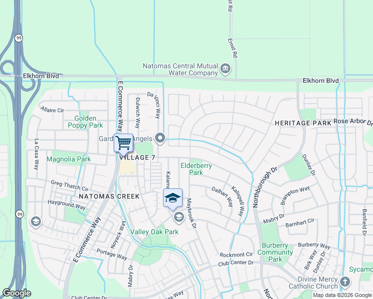 map of restaurants, bars, coffee shops, grocery stores, and more near 111 Perazul Circle in Sacramento