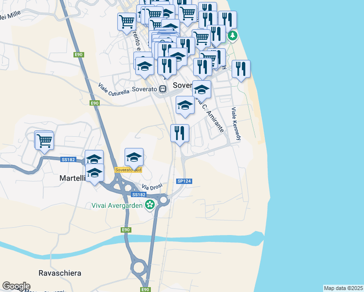 map of restaurants, bars, coffee shops, grocery stores, and more near 19 Viale Stazione in Soverato