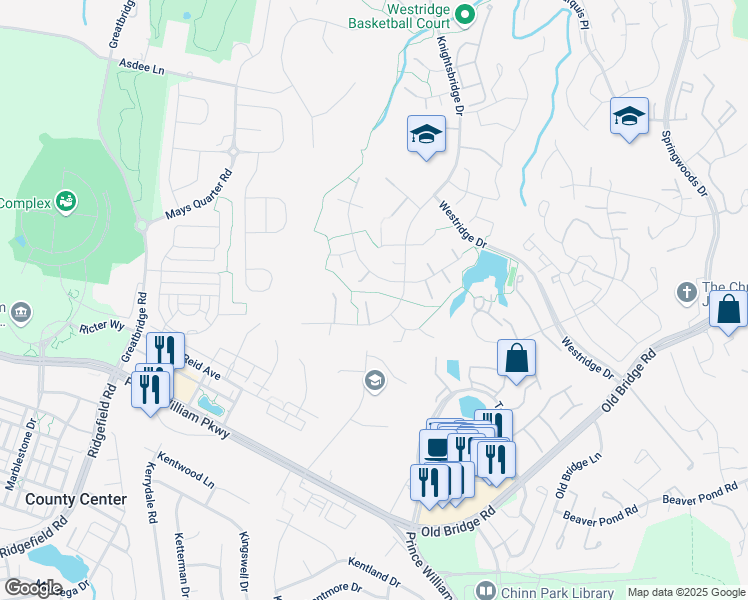 map of restaurants, bars, coffee shops, grocery stores, and more near 12714 Knightsbridge Drive in Woodbridge
