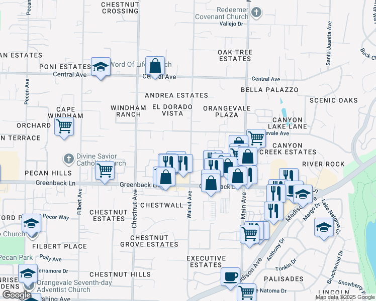 map of restaurants, bars, coffee shops, grocery stores, and more near 6315 Walnut Avenue in Orangevale