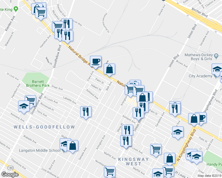 map of restaurants, bars, coffee shops, grocery stores, and more near 3436 Belt Avenue in St. Louis