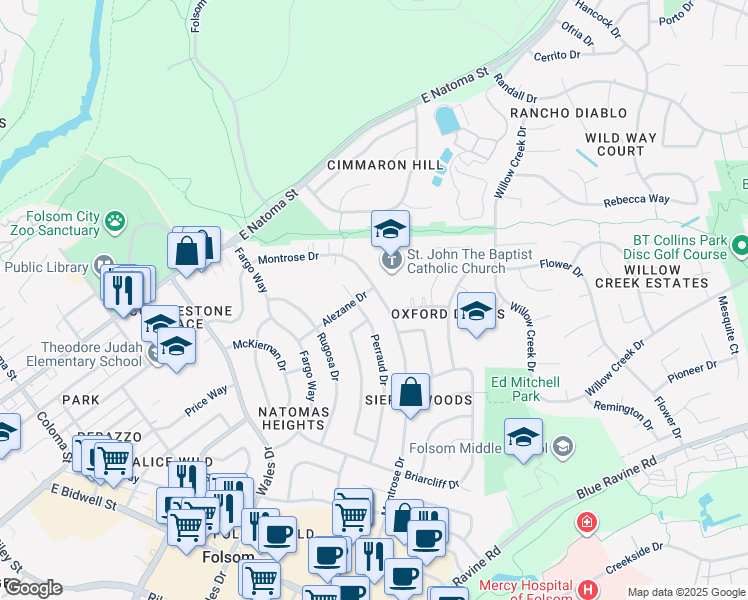 map of restaurants, bars, coffee shops, grocery stores, and more near 272 Montrose Drive in Folsom