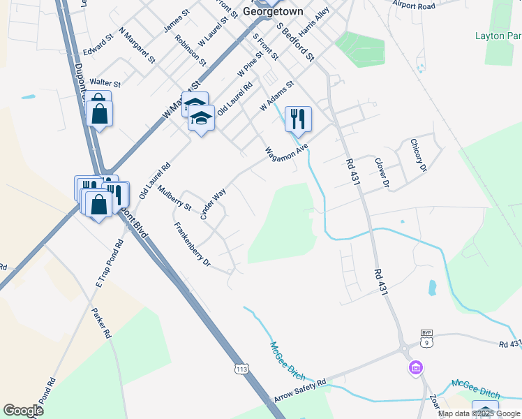 map of restaurants, bars, coffee shops, grocery stores, and more near 11 Boisenberry Lane in Georgetown