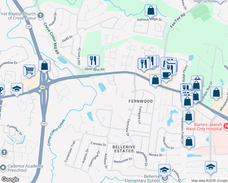 map of restaurants, bars, coffee shops, grocery stores, and more near 13078 Ferntrails Lane in Creve Coeur