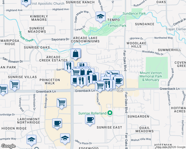 map of restaurants, bars, coffee shops, grocery stores, and more near 7983 Arcadia Drive in Citrus Heights