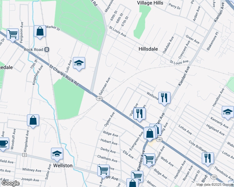 map of restaurants, bars, coffee shops, grocery stores, and more near 1525 Oak Grove Avenue in St. Louis