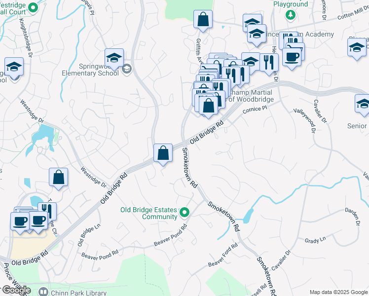 map of restaurants, bars, coffee shops, grocery stores, and more near  in Prince William County