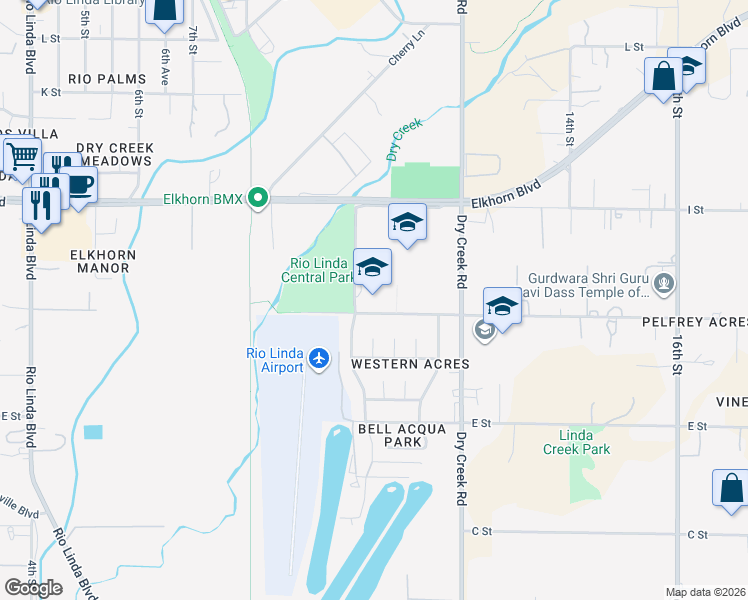 map of restaurants, bars, coffee shops, grocery stores, and more near 1101 G Street in Rio Linda