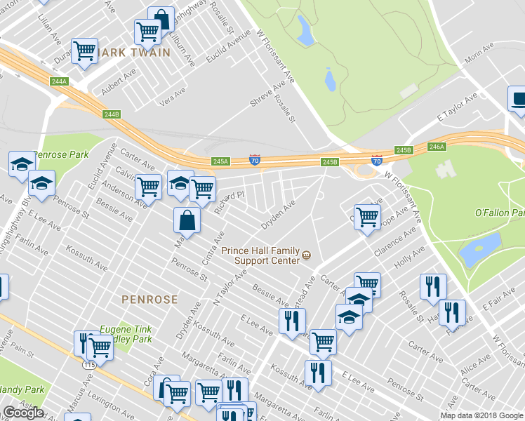 map of restaurants, bars, coffee shops, grocery stores, and more near 4614 Shirley Place in St. Louis