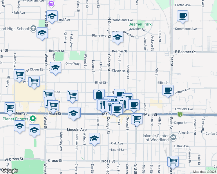 map of restaurants, bars, coffee shops, grocery stores, and more near 169 College Street in Woodland