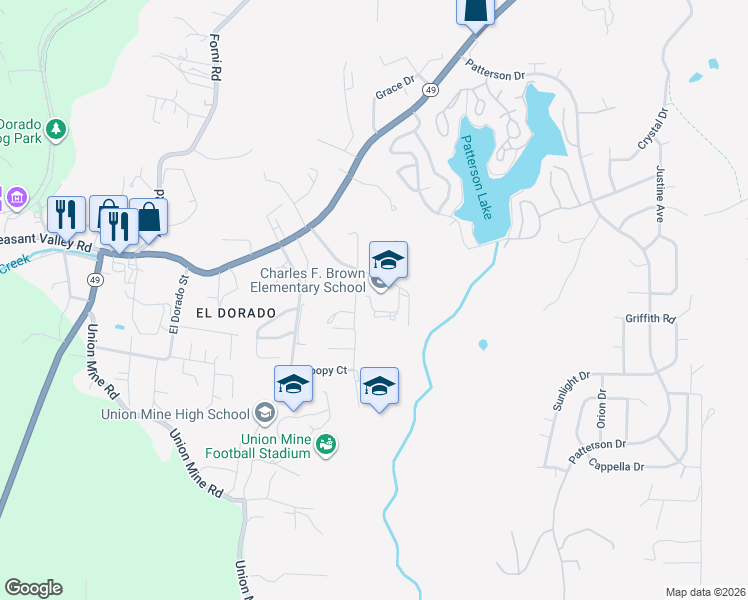 map of restaurants, bars, coffee shops, grocery stores, and more near 6520 Oak Dell Road in Diamond Springs