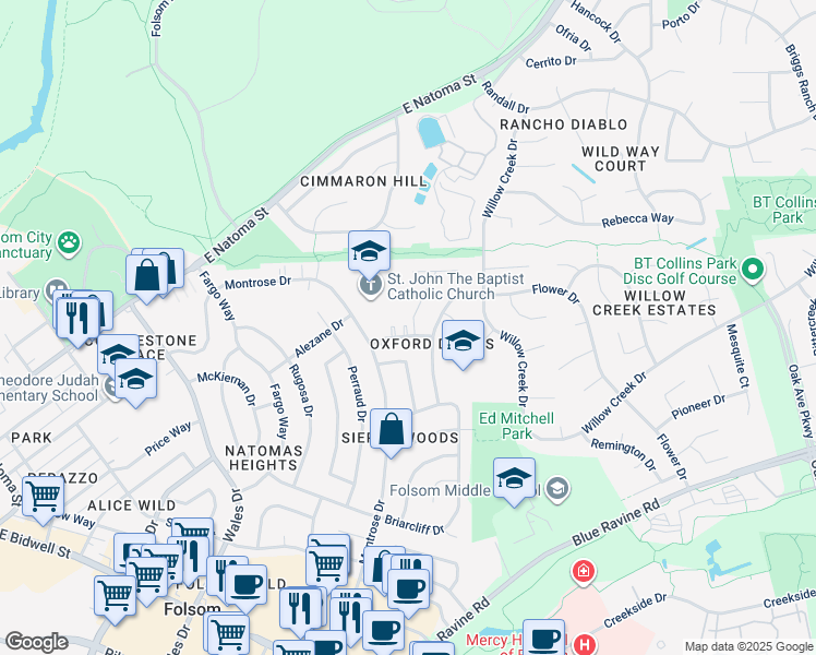 map of restaurants, bars, coffee shops, grocery stores, and more near 205 Talisman Drive in Folsom