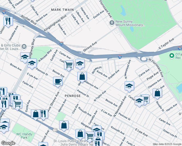map of restaurants, bars, coffee shops, grocery stores, and more near 4627 Carter Avenue in St. Louis