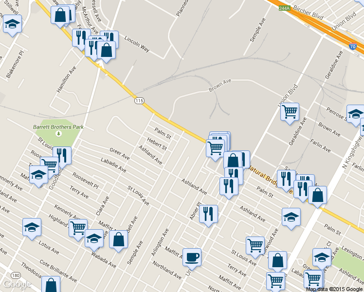 map of restaurants, bars, coffee shops, grocery stores, and more near 3436 Belt Avenue in St. Louis
