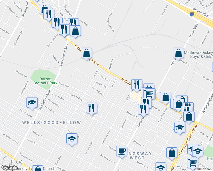 map of restaurants, bars, coffee shops, grocery stores, and more near 5519 Hebert Street in St. Louis