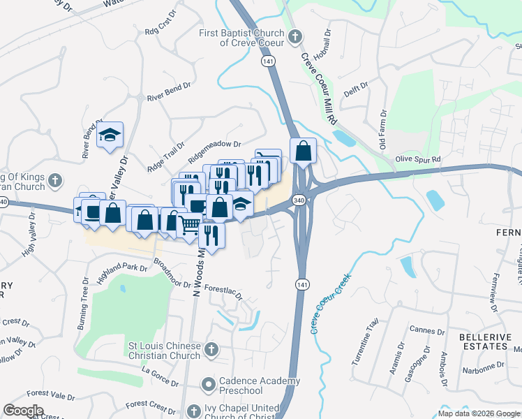 map of restaurants, bars, coffee shops, grocery stores, and more near 13391 Olive Blvd in Chesterfield