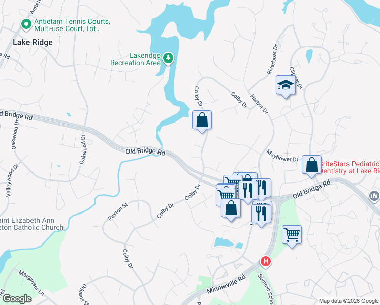 map of restaurants, bars, coffee shops, grocery stores, and more near 2398 Forecastle Court in Woodbridge
