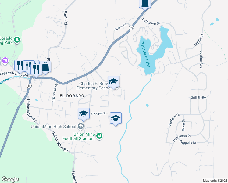 map of restaurants, bars, coffee shops, grocery stores, and more near 6520 Oak Dell Road in Diamond Springs