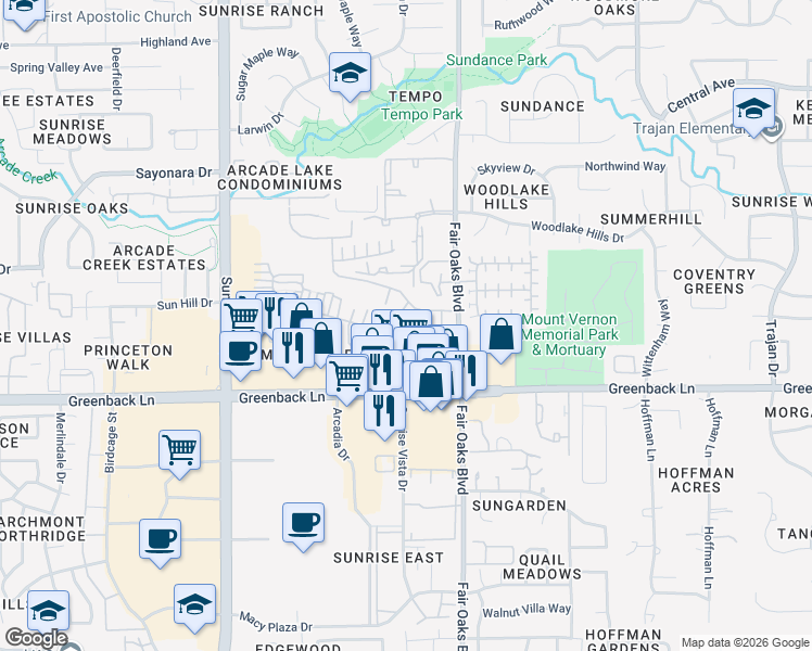 map of restaurants, bars, coffee shops, grocery stores, and more near 12625 Fair Oaks Blvd in Citrus Heights