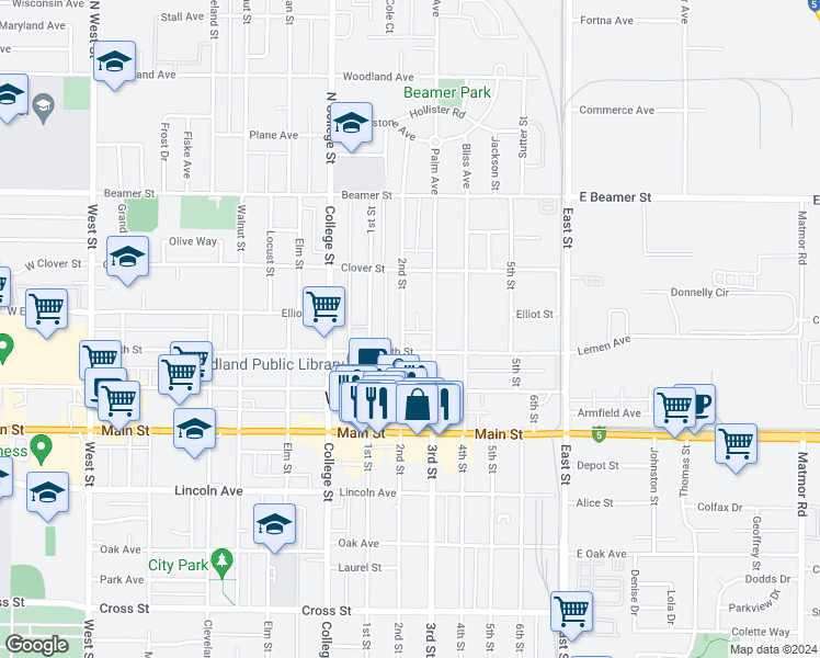 map of restaurants, bars, coffee shops, grocery stores, and more near 163 2nd Street in Woodland