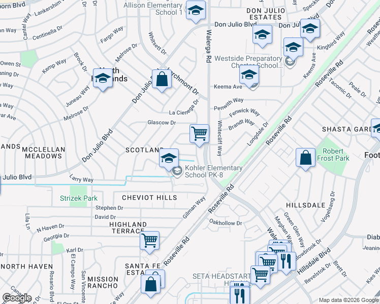 map of restaurants, bars, coffee shops, grocery stores, and more near 4165 Ernestine Way in North Highlands