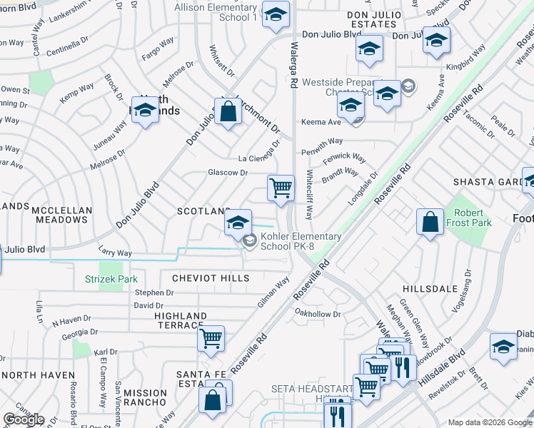map of restaurants, bars, coffee shops, grocery stores, and more near 4165 Ernestine Way in North Highlands