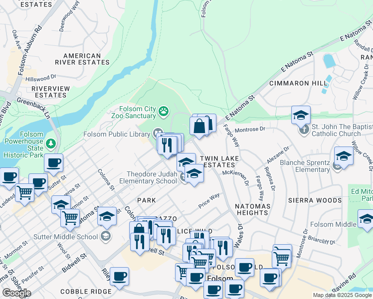 map of restaurants, bars, coffee shops, grocery stores, and more near 63 Natoma Street in Folsom