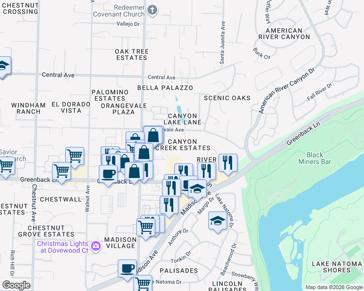map of restaurants, bars, coffee shops, grocery stores, and more near 100 Raeanne Lane in Folsom