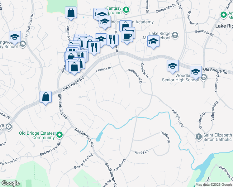 map of restaurants, bars, coffee shops, grocery stores, and more near 3480 Wainscott Place in Woodbridge