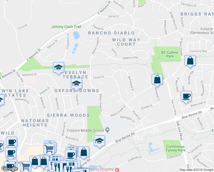 map of restaurants, bars, coffee shops, grocery stores, and more near 128 Llewellyn Court in Folsom
