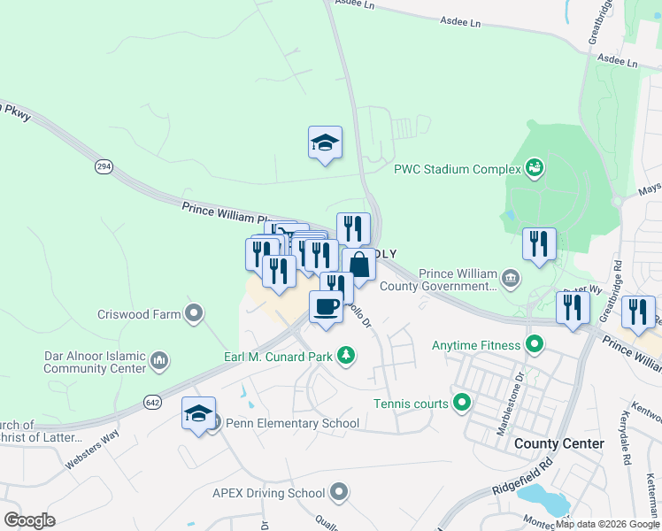 map of restaurants, bars, coffee shops, grocery stores, and more near 12610 Milstead Way in Woodbridge