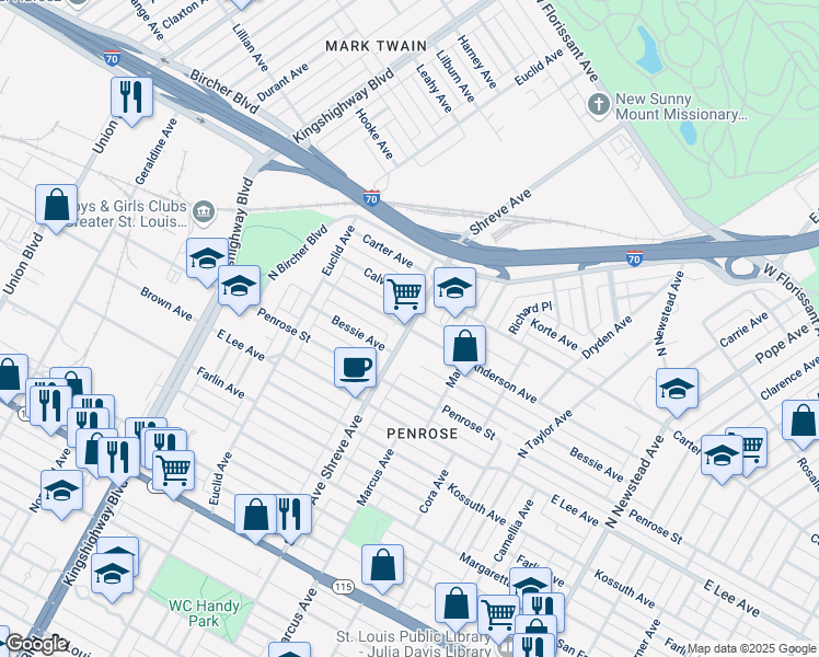map of restaurants, bars, coffee shops, grocery stores, and more near Shreve Ave & Anderson Ave in St Louis