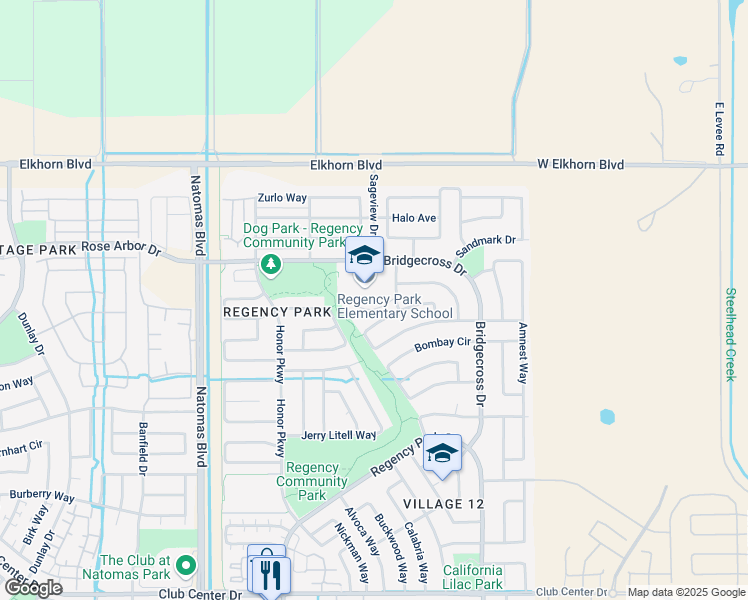map of restaurants, bars, coffee shops, grocery stores, and more near 5901 Bridgecross Drive in Sacramento