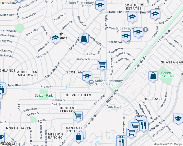 map of restaurants, bars, coffee shops, grocery stores, and more near 4145 Ernestine Way in North Highlands