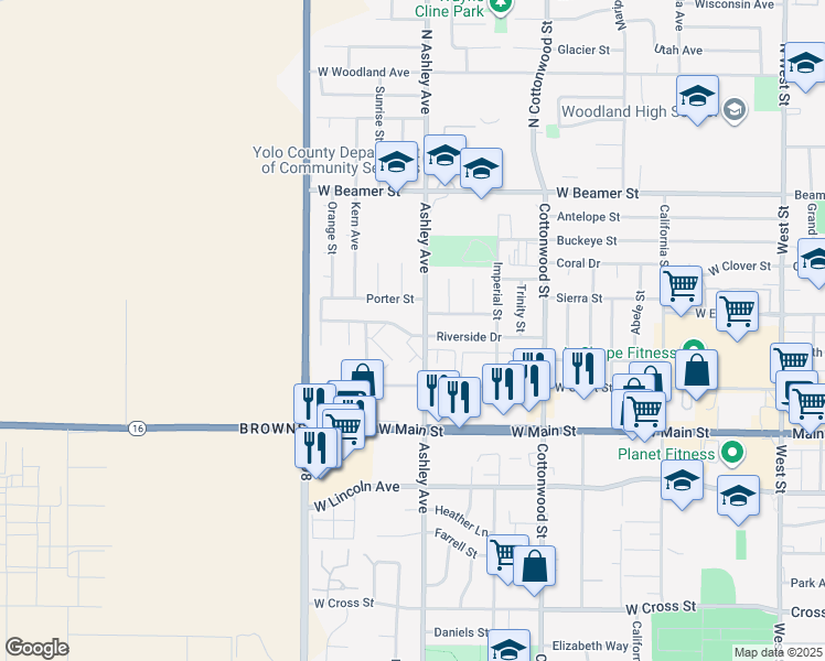 map of restaurants, bars, coffee shops, grocery stores, and more near 306 Riverside Drive in Woodland