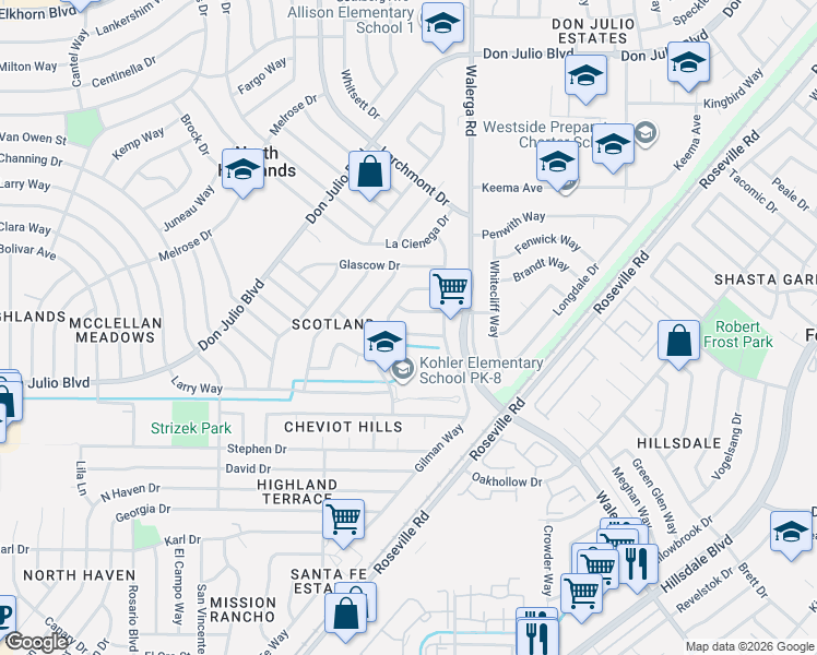 map of restaurants, bars, coffee shops, grocery stores, and more near 4145 Ernestine Way in North Highlands