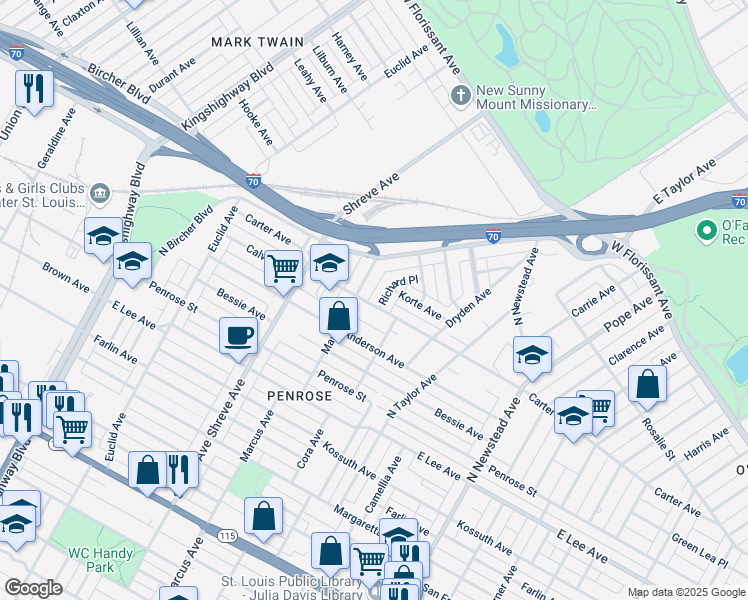 map of restaurants, bars, coffee shops, grocery stores, and more near 4627 Carter Avenue in St. Louis