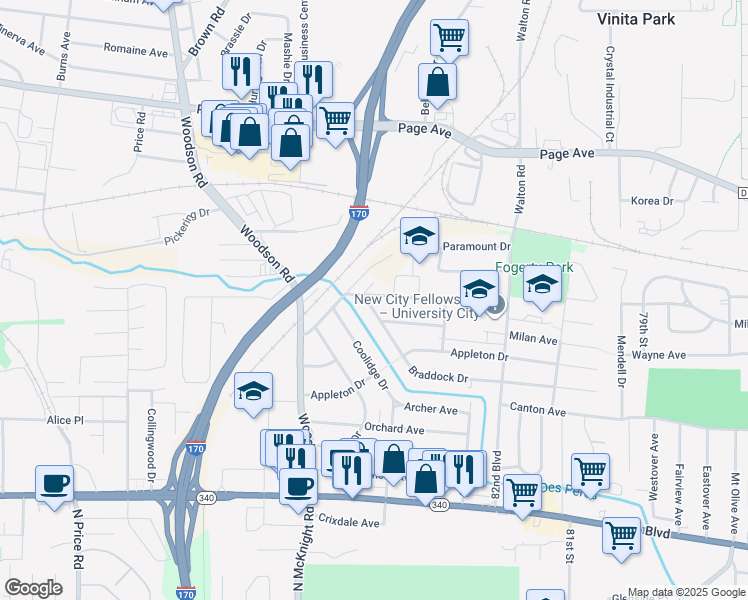 map of restaurants, bars, coffee shops, grocery stores, and more near 8378 Fullerton Avenue in St. Louis