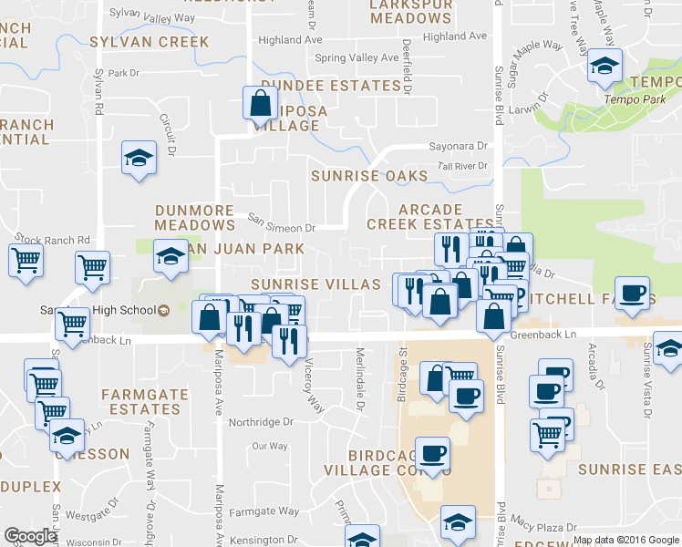 map of restaurants, bars, coffee shops, grocery stores, and more near 7747 Greenback Lane in Citrus Heights