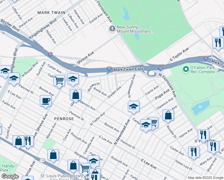 map of restaurants, bars, coffee shops, grocery stores, and more near 4614 Shirley Place in St. Louis