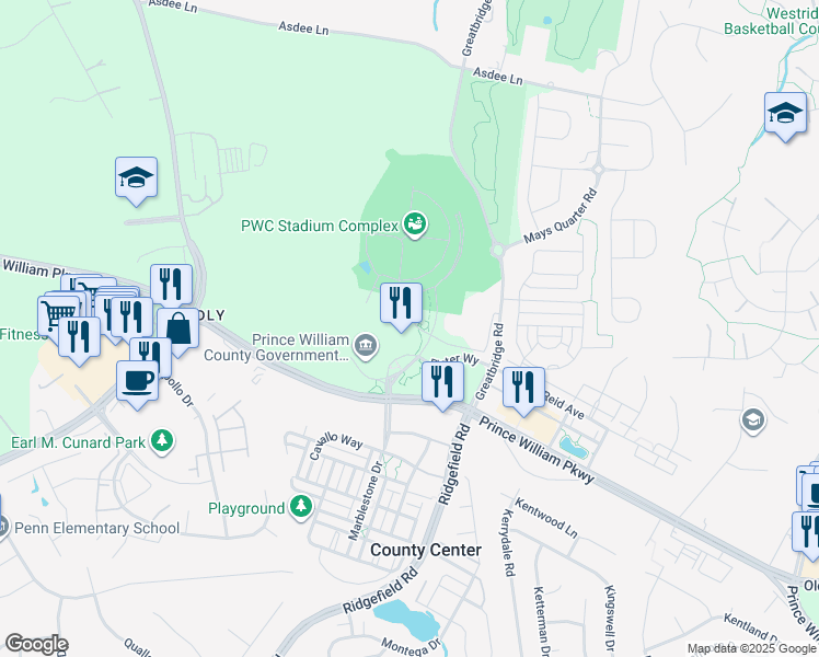 map of restaurants, bars, coffee shops, grocery stores, and more near 5 County Complex Court in Woodbridge