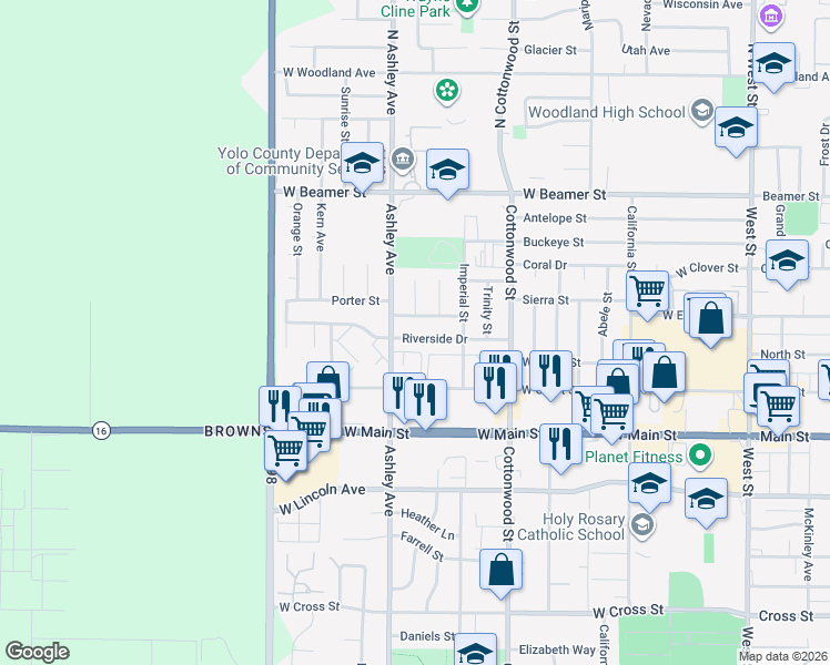 map of restaurants, bars, coffee shops, grocery stores, and more near 282 Riverside Drive in Woodland