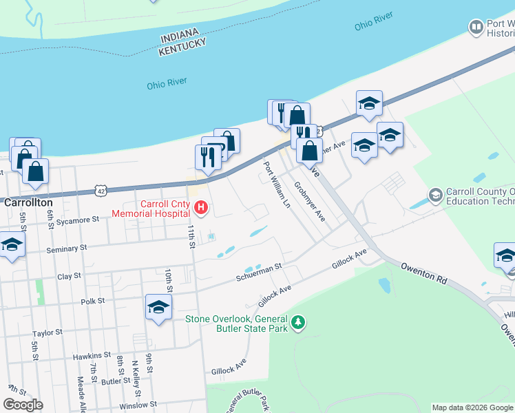 map of restaurants, bars, coffee shops, grocery stores, and more near 298 Village Lane in Carrollton