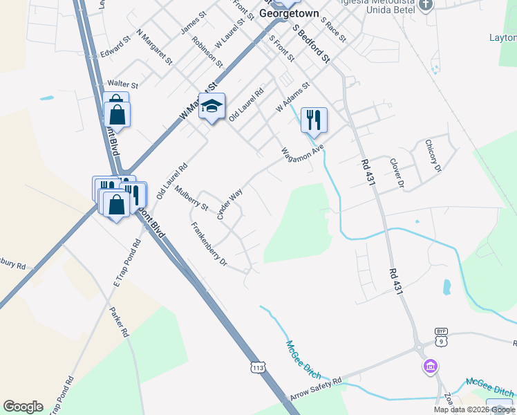 map of restaurants, bars, coffee shops, grocery stores, and more near 8 Boisenberry Lane in Georgetown